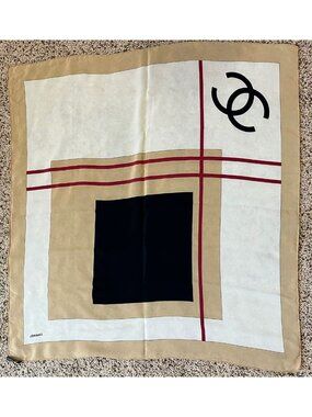 Chanel Beige Black Red Silk Logo Modern Design Scarf